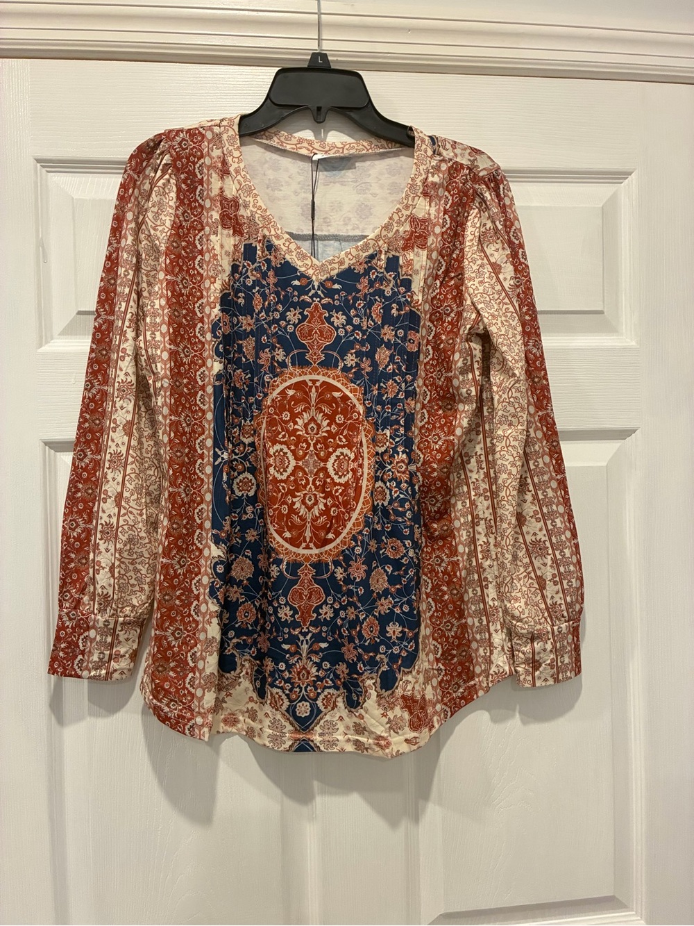 Boho Printed V-Neck Women's Blouse in Rust and Navy